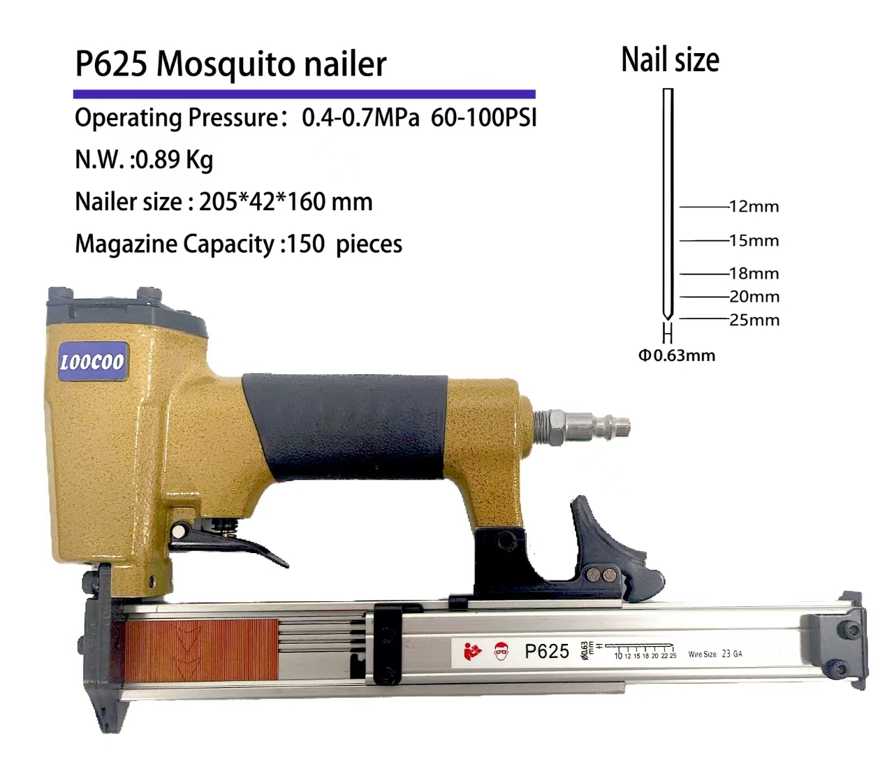 Woodworking Nail Gun - Clavadora Neumática P625 23Ga, Pistola de